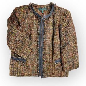 Harve Bernard Blazer Tweed Fringe Chunky Knit Fringe Brown Green Large